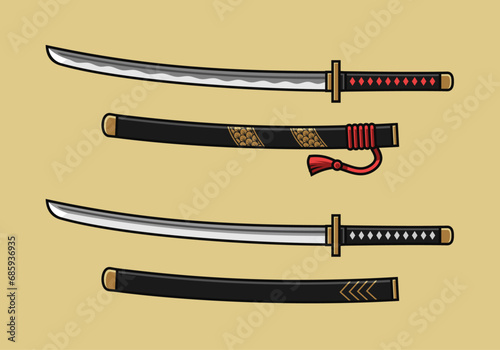 Set Of Line Art Detail Cartoon Katana (Japanese Sword)