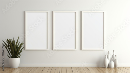 Blank, frame and canvas on a gallery room wall for mockup prints, graphic design and home interior. White, clean and empty space for art ideas collection, painting studio or creative inspiration © MalamboBot/Peopleimages - AI