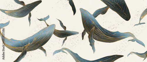 Light art background with blue whales hand drawn in golden line style. Vector animalistic banner for design of wallpaper, textile, interior design, poster, packaging, print.