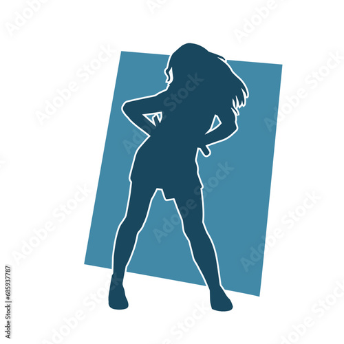 Silhouette of a female dancer in action pose. Silhouette of a woman dancing happily.
