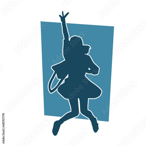 Silhouette of a female dancer in action pose. Silhouette of a woman dancing happily.