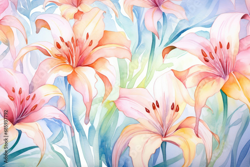 Spring lily flower plant illustration pink seamless nature wallpaper floral pattern background design watercolor