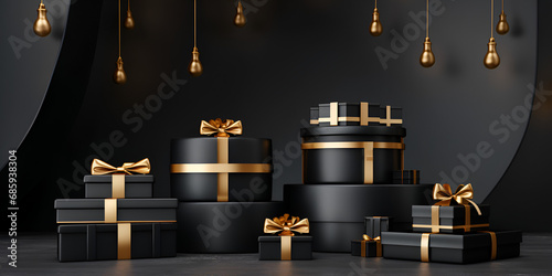 Mysterious Elegance Unveiling Black Gift Boxes with Golden Ribbon.christmas greeting card.AI Generative 