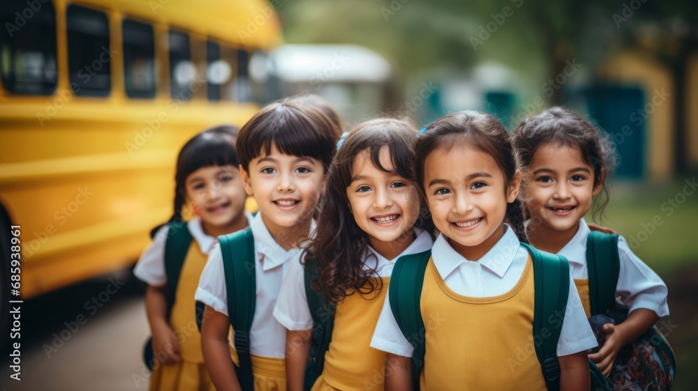 Portrait of East Asian students going to school or field trip in front of the school bus background.