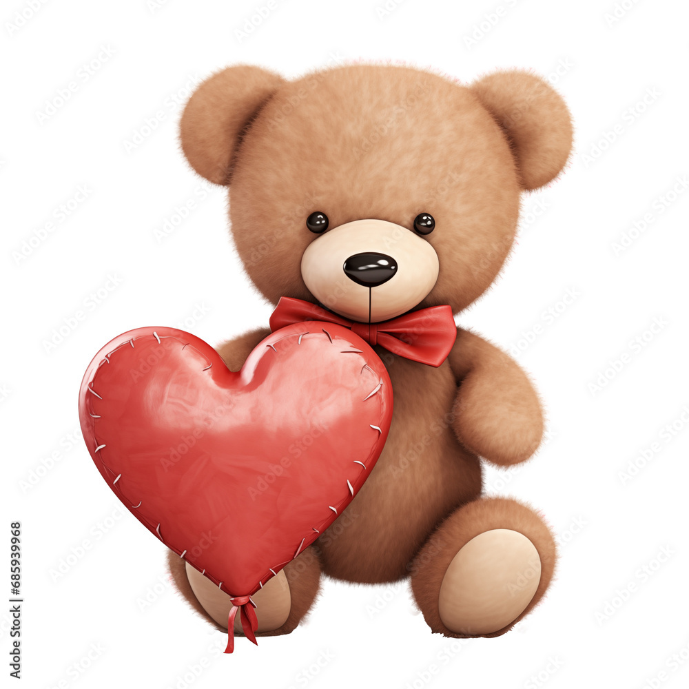 Valentines day concept. A cute teddy bear holding a red heart isolated on transparent background
