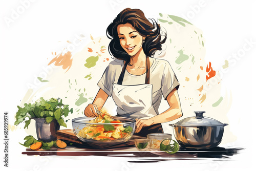 illustration of a mother prepares to cook for dinner white background