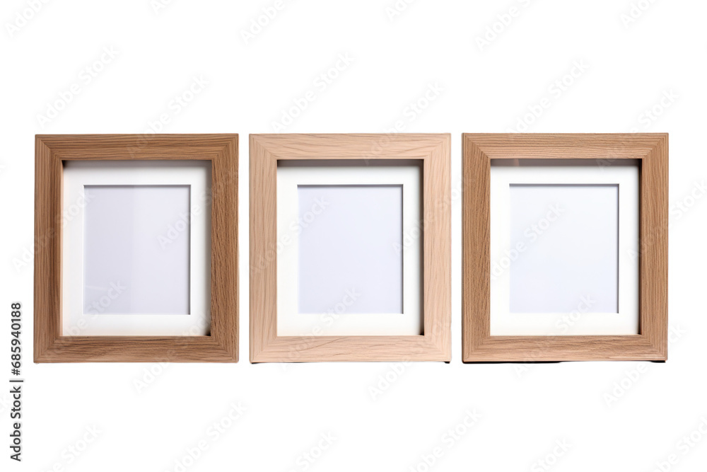 Wooden photo frame on white transparent background