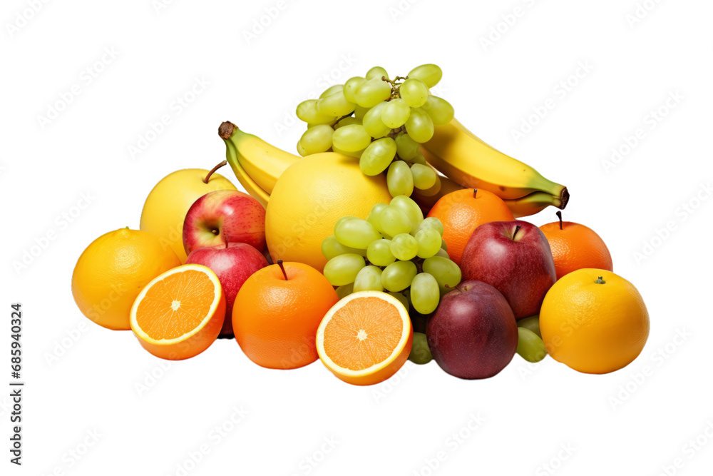 Pile of assorted fruits on white background