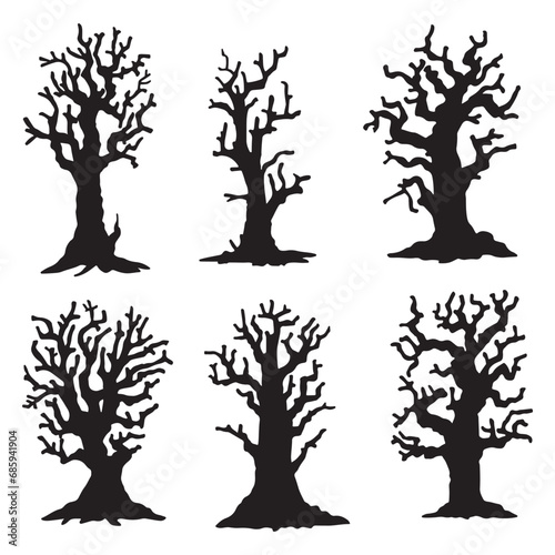 silhouette of a tree isolated. Isolated Dead tree on the white background. Dead tree silhouettes.	