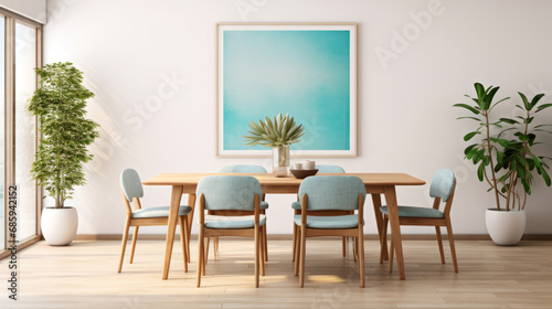 Furniture  dining room and modern table with wood chairs for apartment  hotel and home picture frame. Creative  interior design and mockup poster space for restaurant  dinner and decor inspiration