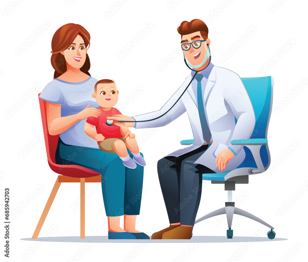 Pediatrician examines the chest of a little boy sitting on his mother's lap with a stethoscope. Vector cartoon character illustration