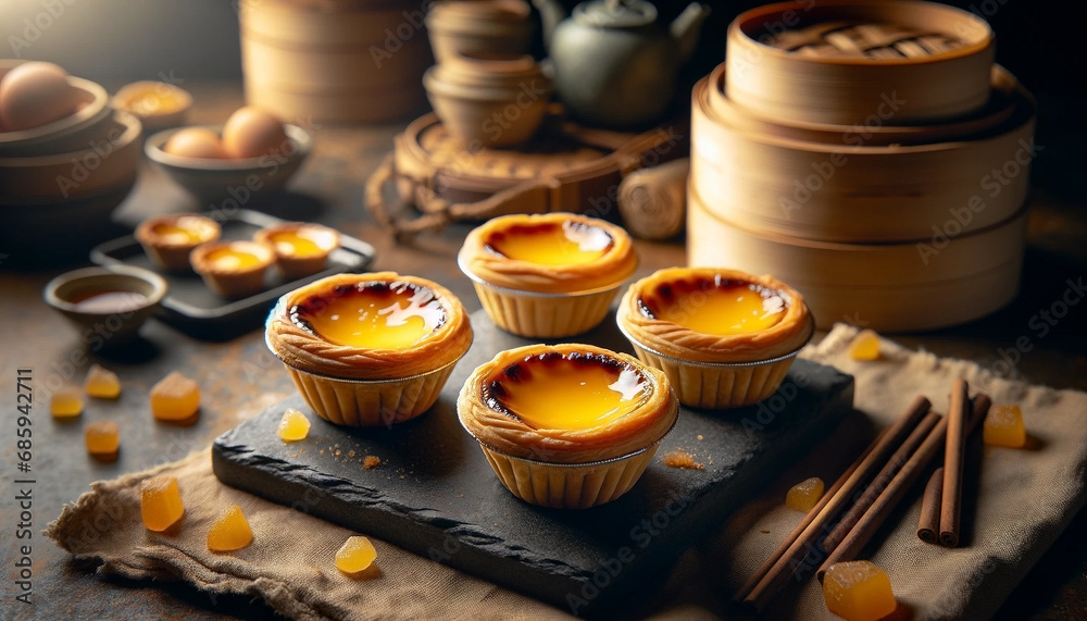An image freshly baked egg tarts with a golden, flaky crust and a smooth, glossy custard filling - Generative AI An image freshly baked egg tarts with a golden, flaky crust and a smooth, glossy custard filling - Generative AI