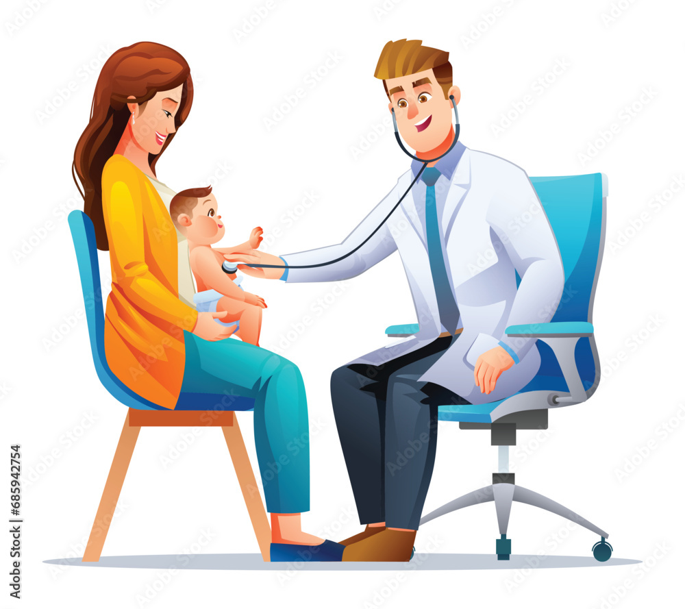 Doctor examines the chest of a little boy sitting on his mother's lap with a stethoscope. Vector cartoon character illustration Doctor examines the chest of a little boy sitting on his mother's lap with a stethoscope. Vector cartoon character illustration
