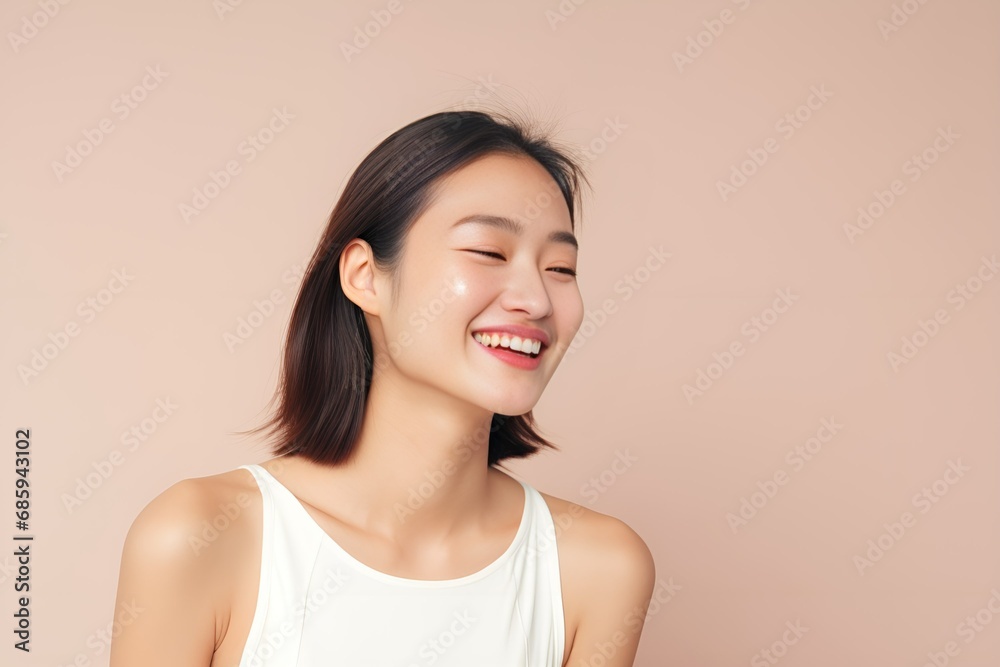 Portrait of a joyful fictional Japanese woman smiling. Graceful and elegant lady. Natural beauty. Happiness. Isolated on a plain colored pastel background. Generative AI. Portrait of a joyful fictional Japanese woman smiling. Graceful and elegant lady. Natural beauty. Happiness. Isolated on a plain colored pastel background. Generative AI.