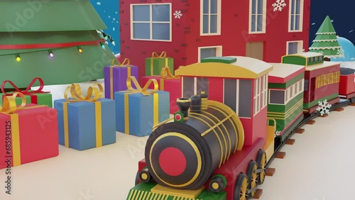 Perfect Christmas winter fairytale landscape. With the train traveling through the snowy forest that reaches the snow-covered wooden house of Santa Claus next to which there is a large magical tree