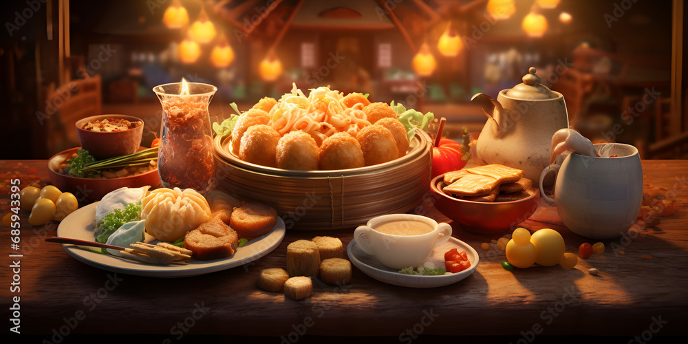 Chinese New Year background with traditional lanterns candles and flowers.AI Generative 