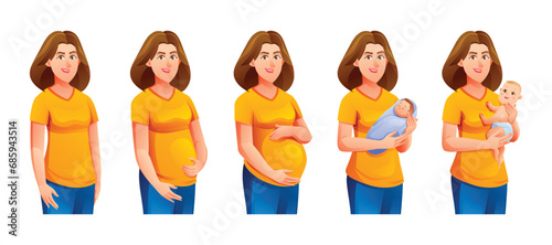 Pregnancy stages. Pregnant woman and newborn baby. Changes in female body during pregnancy. Vector illustration