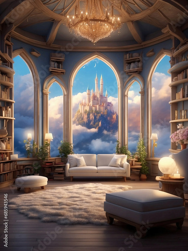 a cozy book-filled library with floating castle amidts the cloud view