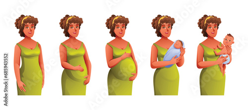 Pregnancy stages. Changes in female body during pregnancy. Pregnant woman and newborn baby. Vector illustration