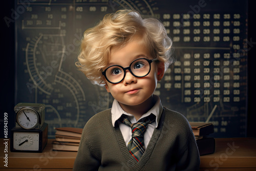 a child with glasses and a framed blackboard and numbers, science solve problem