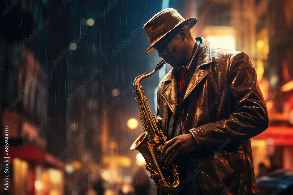 A man in jacket playing a saxophone on the night street
