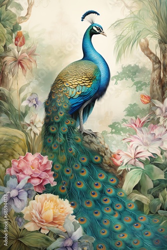 peacock in the tropical forest watercolor vintage painting for wall art background wallpaper