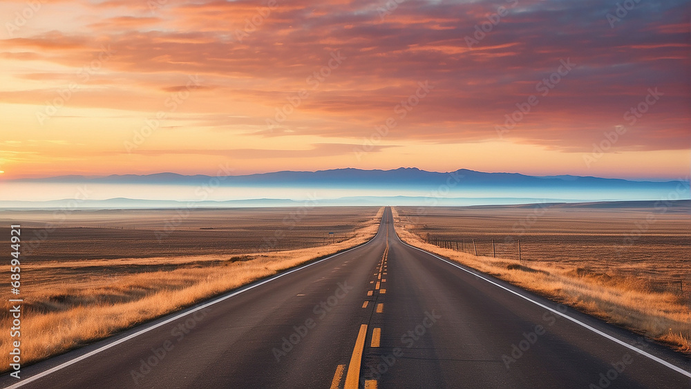 A long, winding highway stretching through vast landscapes, disappearing into the horizon. The sky is painted with hues of sunset, casting a warm glow on the road AI-Generative