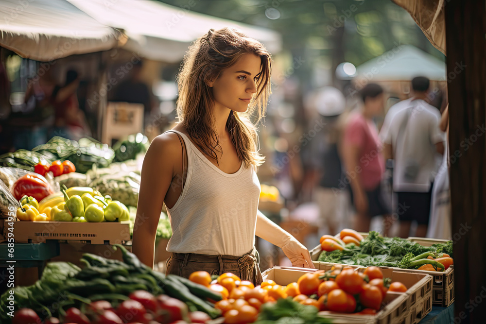 Woman chooses fruits and vegetables at farmers market