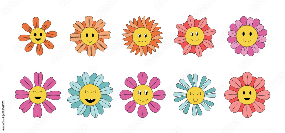 A set of retro flower illustration. Retro flower with cute face character. A set of retro flower illustration. Retro flower with cute face character.