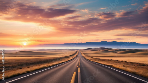 A long, winding highway stretching through vast landscapes, disappearing into the horizon. The sky is painted with hues of sunset, casting a warm glow on the road AI-Generative