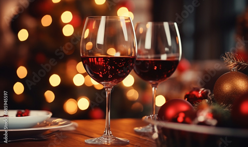 Beautiful two glasses of red wine standing on the table in the background of a decorated Christmas tree