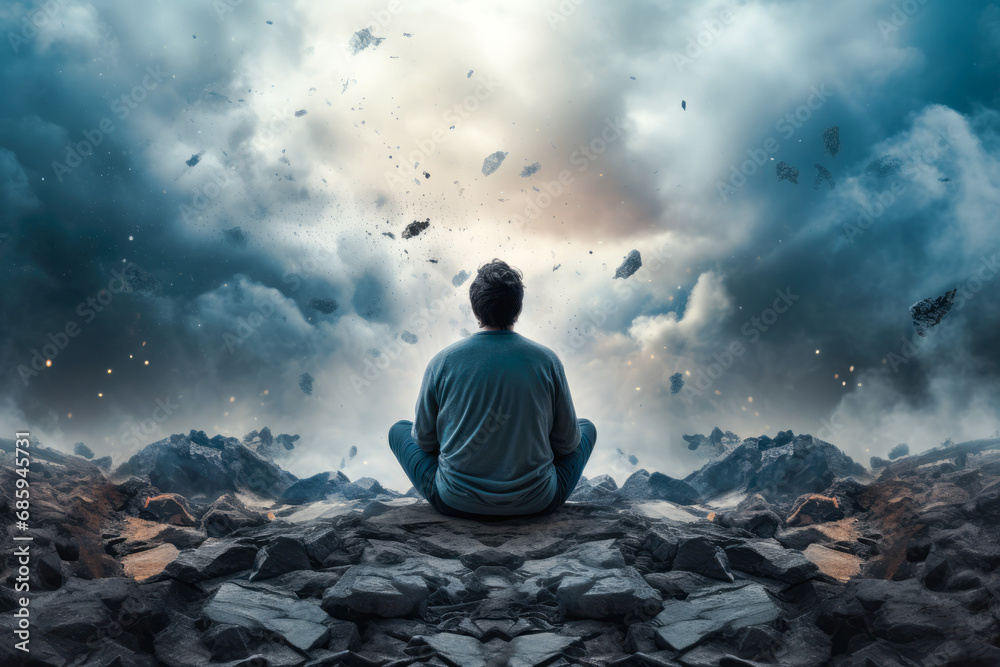 Mental Health: A person meditating with a chaotic, stormy background, showing the concept of finding peace amidst chaos and emphasizing mental health - obrazy, fototapety, plakaty 