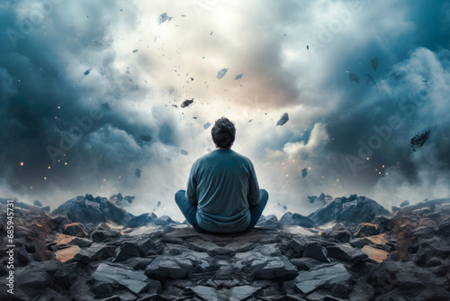Mental Health  A person meditating with a chaotic  stormy background  showing the concept of finding peace amidst chaos and emphasizing mental health