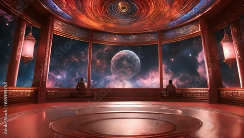 Gazing ceiling Digital Temple, with mesmerizing display swirling colors patterns, resembling digital representation cosmos. Amidst this celestial scene, virtual monks 2d animation photo