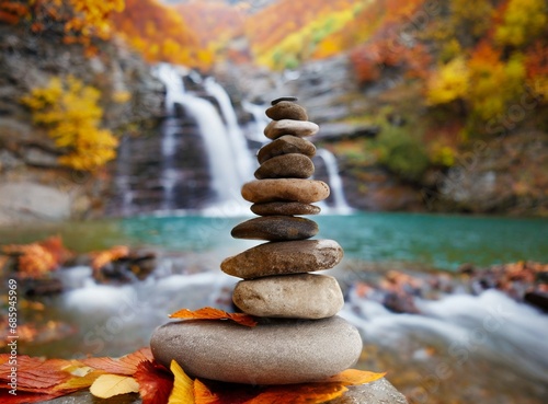 Stone tower in autumn. Stones Balance, Natural stones under the autumn leafs, waterfall on background