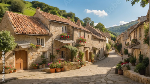 Imagine a quaint village nestled between rolling hills. Capture the essence of everyday life in this village AI-Generative