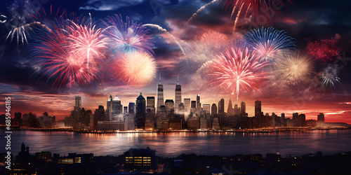 Fireworks in the city of the Happy new year Sparkling Spectacle Fireworks Illuminate City Skyline and Reflect in the Water. AI Generative