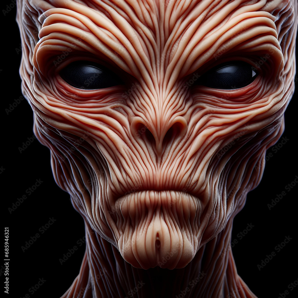 Close-up Eyes, Lips, and Nose Portrait Creepy Scary Brown Tight Skin Complexion Face of an Humanoid Space Alien Extraterrestrial UFO from another World on a Black Background. Sci-fi, Horror.