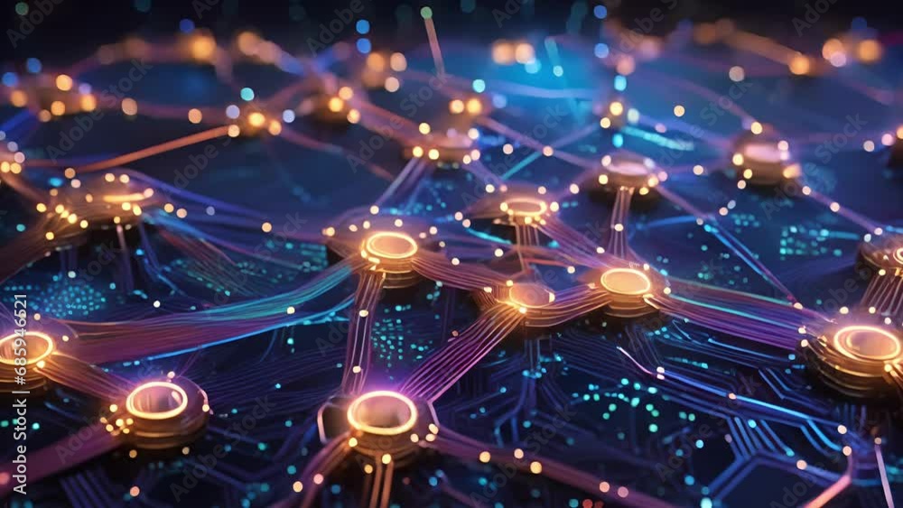 A network of glowing nodes and circuits, symbolizing the interconnectedness of financial systems powered by technology on a Fintech circuit board. .