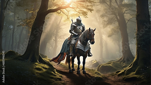 Picture a medieval knight on horseback, clad in armor, traversing a dense enchanted forest AI-Generative © Max_T