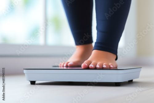 Closeup of a woman standing on a bathroom scale monitoring her weight while following her weight loss program photo