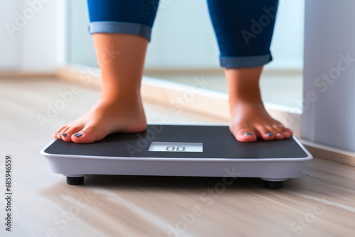 Closeup of a woman standing on a bathroom scale monitoring her weight while following her weight loss program