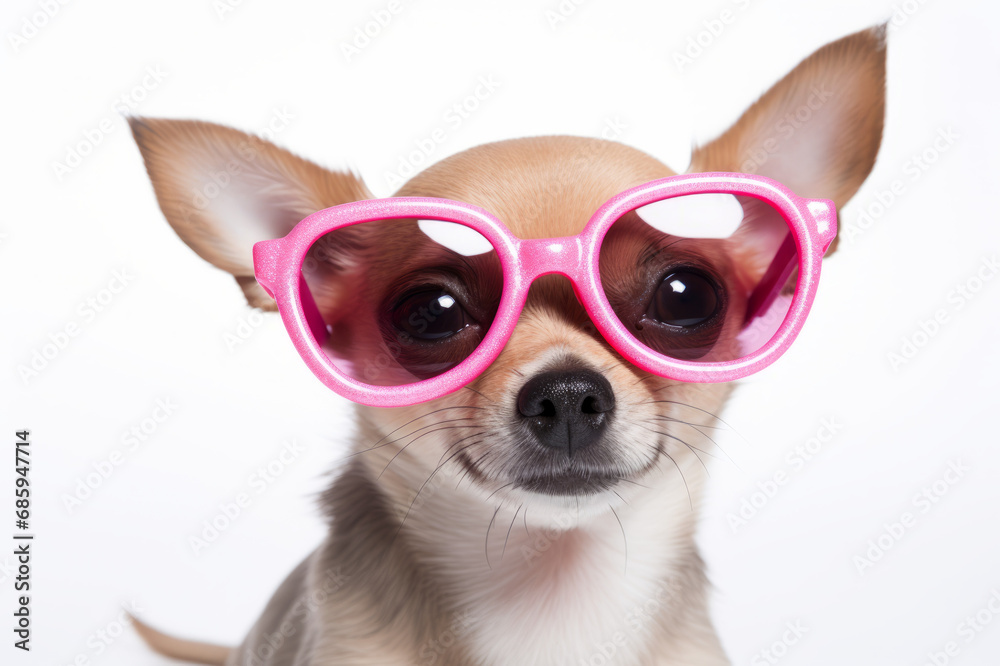 A cute chihuahua with  pink sunglasses on