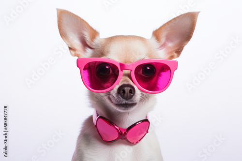A cute chihuahua with  pink sunglasses on
