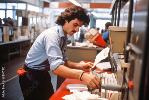 Postman sorting mail in a post office showing good work ethic while sorting letters, parcels, packages and newspaper photo