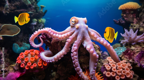 An octopus with tentacles and suckers on the background of the seabed with colorful fish and coral. 
