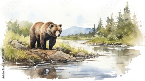 a bear on the riverside watercolor vintage painting for wall art background wallpaper