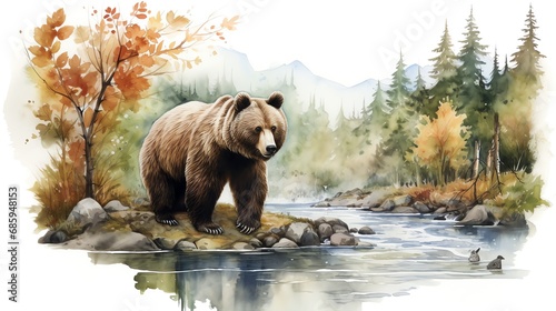 a bear on the riverside watercolor vintage painting for wall art background wallpaper photo