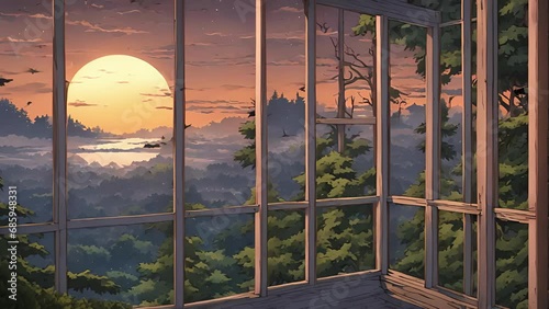 Looking from towers highest window, vast expanse forest below. moon peers through trees, illuminating unsettling sight countless ravens perched upon branches. Their 2d animation photo