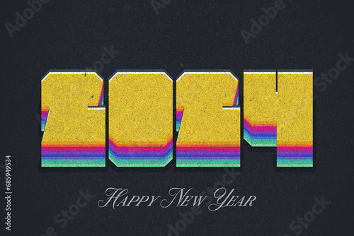 2024 Happy New Year 3d Vintage colorful text and golden glitter, distressed design
 (ID: 685949534)